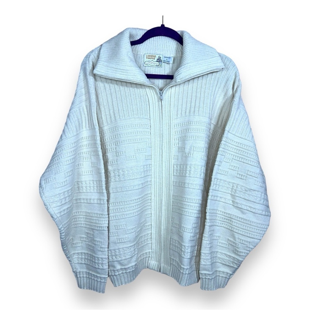 VINTAGE LONDON TOWNE LARGE IVORY WHITE CARDIGAN SWEATER RETRO ROCKABILLY
